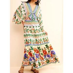 Farm Rio Anthropologie Tropical Print Kaftan Maxi Cutout Dress Sz S N